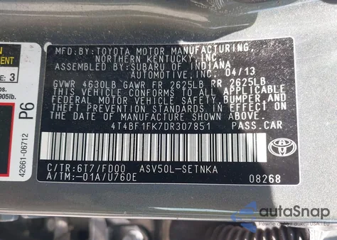 2013 Toyota Camry Le из США, поврежденный, VIN 4T4BF1FK7DR307851